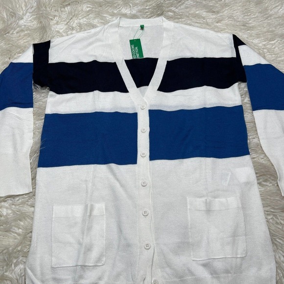 United Colors of Benetton White & Blue Striped Cardigan Sweater - Picture 4 of 7